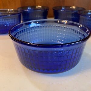 Set of 5 Fortecrisa of Mexico Cobalt Blue Checkered Texture Glass Bowls 5”x 2.5”